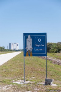 Launch countdown sign and VAB, Kennedy Space Centre, Florida