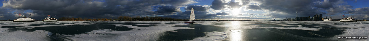 Ice sailing and ferry Ongiara, Inner Harbour, Toronto Islands