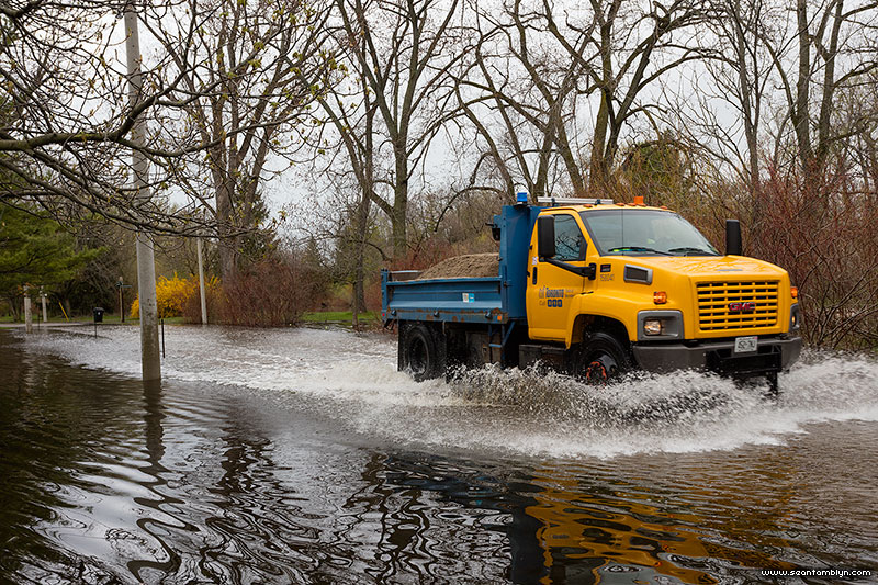 Trucking running flooded road, Snake Island, Toronto Islands