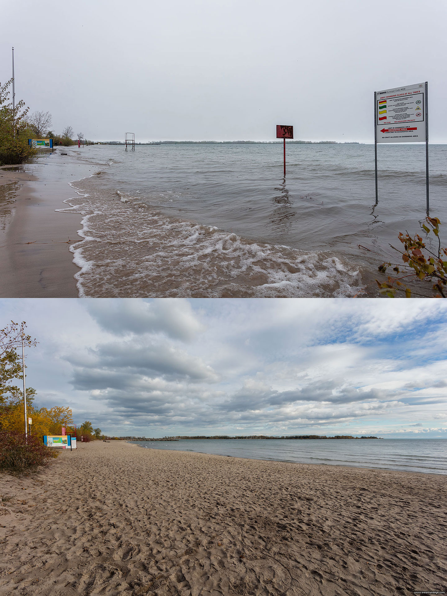 Ward's beach during and after the Flood of 2017, Ward's Island, Toronto Islands
