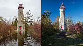 Gibraltar Point lighthouse during and after the Flood of 2017, Hanlan's Point, Toronto Islands
