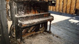 Fire scorched piano, AIA Clubhouse, Algonquin Island, Toronto Islands