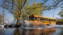 School bus running floodwaters, Center Island, Toronto Islands